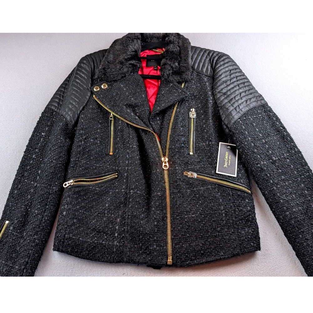 Juicy Couture Lurex Tweed Moto Jacket Pitch Black Faux Fur Trim JG010340 M